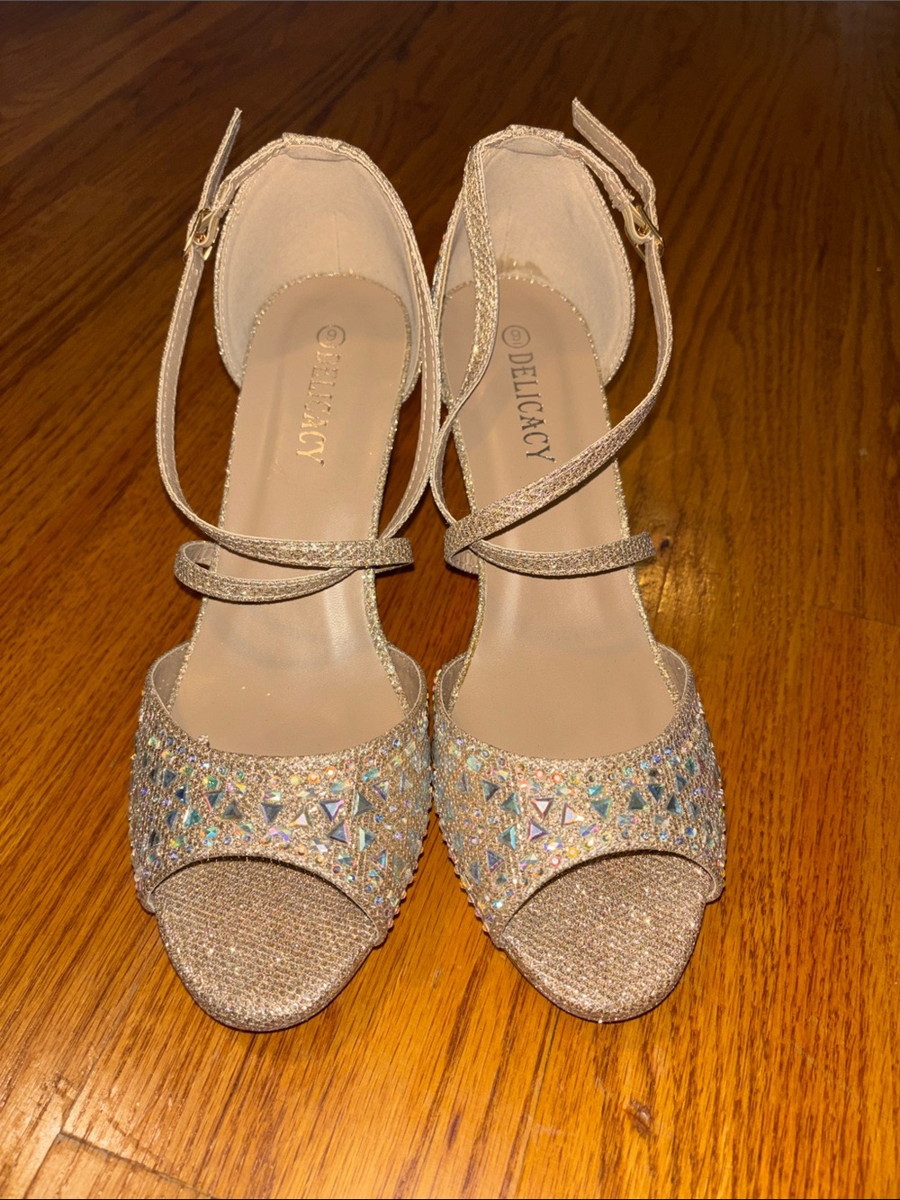 Delicacy Gold Crystal Open-Toe Ankle-Strap Heels